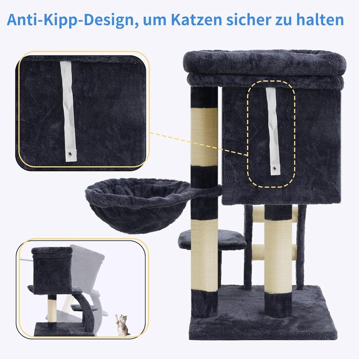 Кігтеточка для котів Heybly HCT009SM сірого кольору, 75 см, з платформою, печерою, гамаком та драбиною