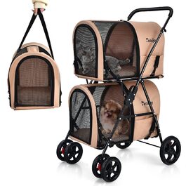 Hundewagen FANTASK 2-ярусний з сітковими вікнами та тримачем для напоїв, до 16 кг, для собак та котів, бежевий