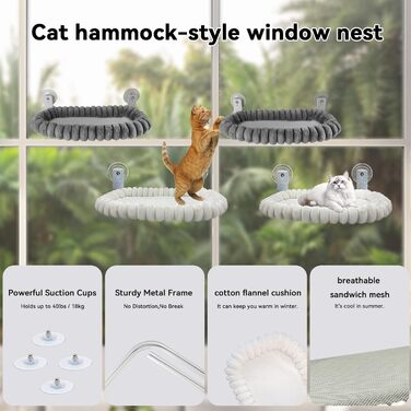 Килимок для котів на вікно CareCooo, лежанка для котів на вікно з м'яким знімним чохлом, стабільна лежанка для котів на вікно до 18 кг, розмір M (52x30 см), білий