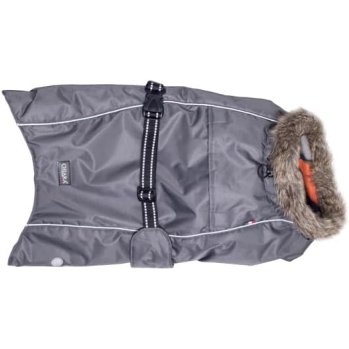 Теплий зимовий пуховик для собак Chiara з шлейкою, сірий, розмір L, з відбиваючими смугами та штучним хутром