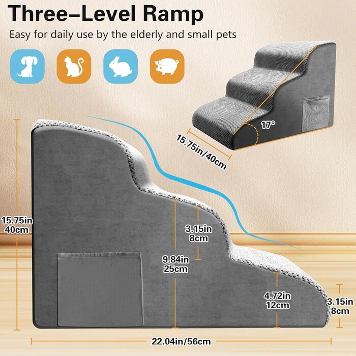 Сходинка для собак та котів на 3 сходинки, 40 см, з неслизьким покриттям. Зручна рампочка для собак та котів похилого віку, маленьких порід. Виготовлена з 30D піни, знімна та миється. Підходить для софи, ліжка, авто.