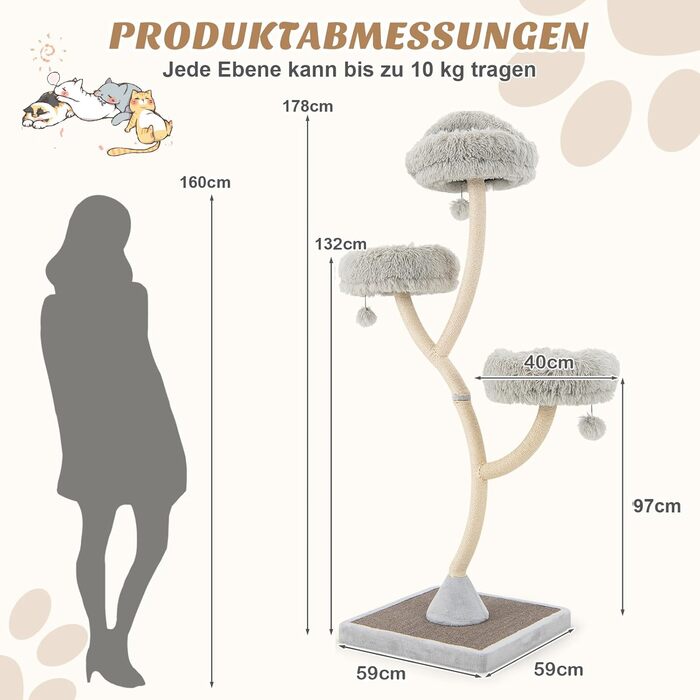 Кігтеточка GOPLUS 178 см з 3 лежаками, іграшками та сизалевим покриттям для котів та кошенят (сіра)