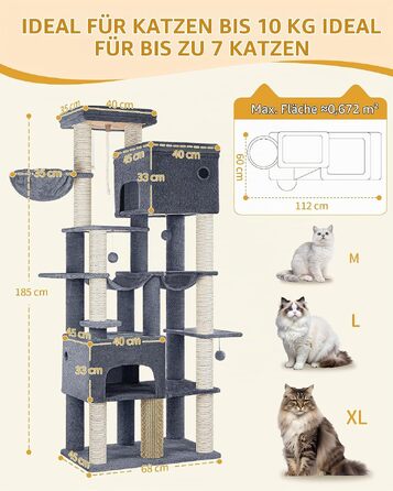 Ігровий комплекс для котів Hzuaneri XXL: кігтеточка-дряпка 185 см з 10 стовпчиками, темно-сіра (68 x 45 x 185 см)