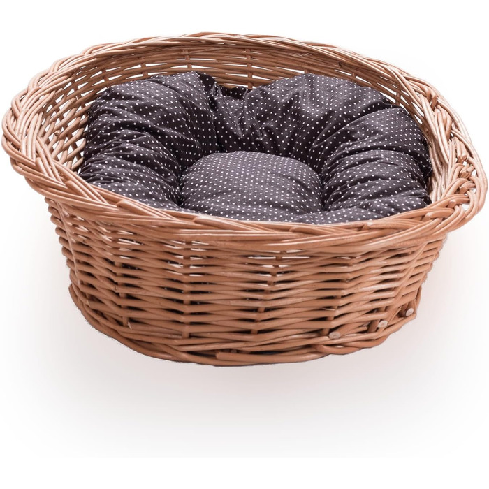Плетене ліжко для собак та котів Wiklinowy Świat - ліжко з ротангу для домашніх тварин, 66x47x15 см, з коричневим подушкою в крапку