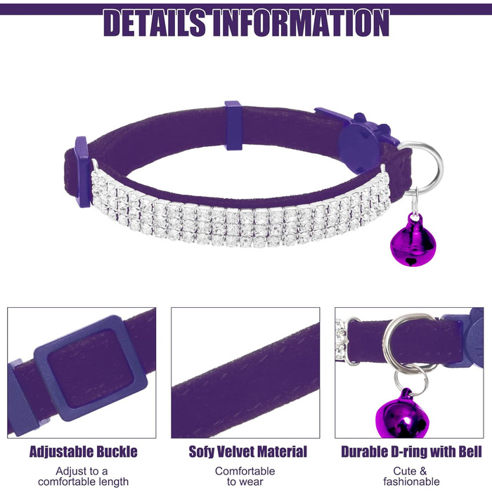 Нашийник для котів ExPawlorer з дзвіночком та стразами, м'який оксамит, безпечний, регульований, для котів та маленьких собак, 2 шт. (чорний та фіолетовий), 9'-12'