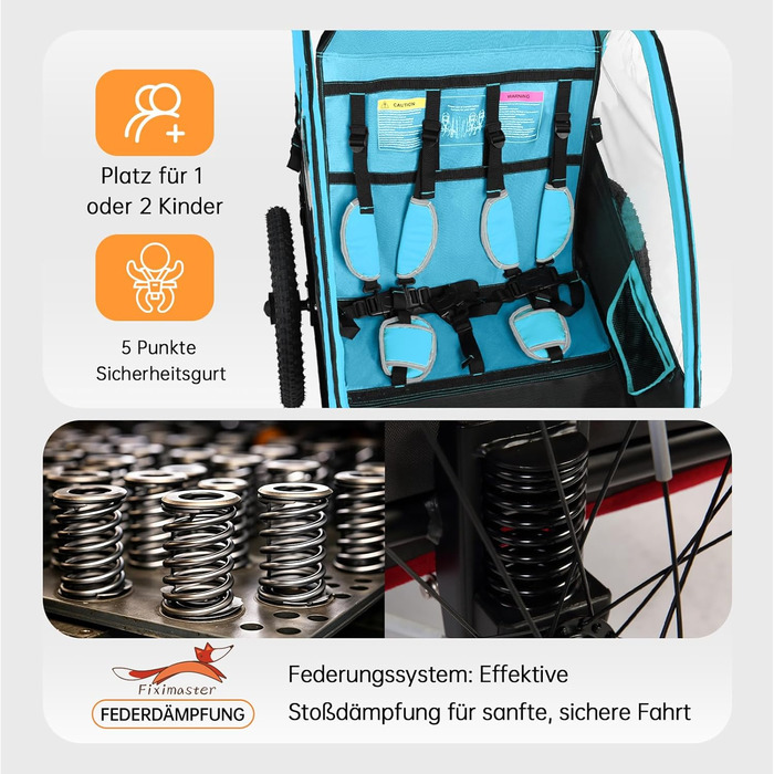 Дитячий велопричіп 2в1 Kinderkraft з функцією візка та бігуна, амортизація, регульована ручка та гальма, для 1-2 дітей до 40 кг (Блакитний)