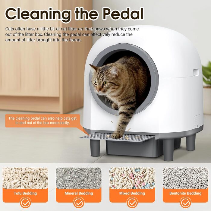 Автоматичний туалет для котів XXL, 80 л, самоочищення, керування через додаток, датчики безпеки, нейтралізація запаху, система безпечного зупинення, білий