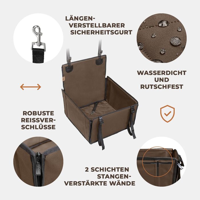 Автомобільний сидіння для собак WUGLO Extra Stable - посилене, для маленьких та середніх собак, 4 ремені, водонепроникне, коричневе