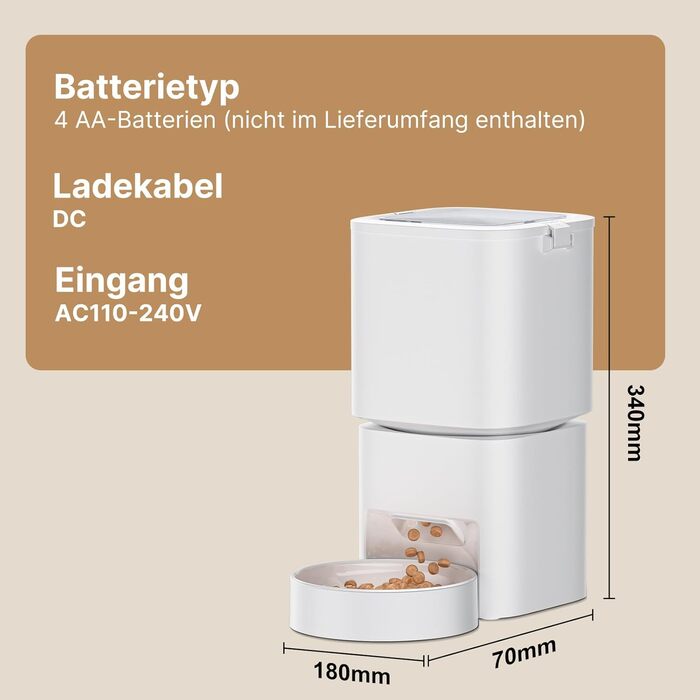Автоматичний годівниця для котів та собак з Wi-Fi, 5L, керування через додаток, 1-10 прийомів їжі на день