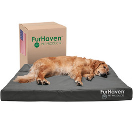Лягу для собак Furhaven XL з піною-пам'яттю, вологостійкий, для дому та вулиці, з принтом логотипу, матеріал: оксфордський поліканвас, розмір: 102 x 81 x 10 см, сірий колір, великий (X-Large)