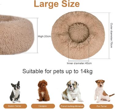 Кругле лежанка для собак середнього розміру, бежево-коричневий, ортопедичний, з неслизьким дном, для собак та кошенят, 70 см Ø, з м'яким плюшем, для заспокоєння, легко миється