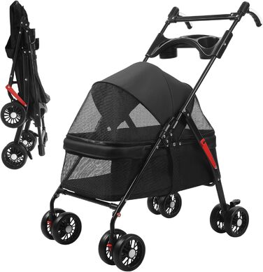 Транспортувальна візок для собак, легкий та складаний, з регульованим козирком, анти-вислизання, гальма та багажник (до 10 кг), чорний