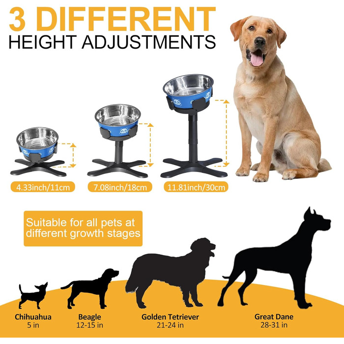 Підвищений годівниця для собак DOUDING: підставка з нержавіючої сталі, регульована висота та нахил, антиковзаюча, для малих, середніх та великих собак