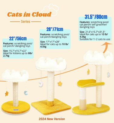 Котячий дряпак Happi N Pets Wolken, 80 см, сучасний триярусний ігровий комплекс для кішок середнього розміру з сизалевою стійкою, м'яким лежаком 40x30 см, знімними та праними подушками