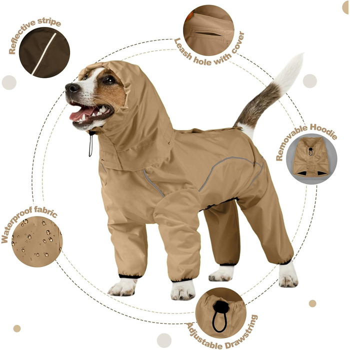 Дощовик для собак, водонепроникна куртка з капюшоном, регульовані 4 лапи, пончо для тварин з отвором для повідка, світловідбиваючі смуги, капюшон, снігостійкий, вітронепроникний, одяг L, Хакі-зелений