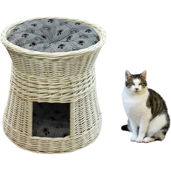 Кігтеточка-ліжко для котів: кругла хатинка з лози, 2 поверхи, білий колір, сірий лежак