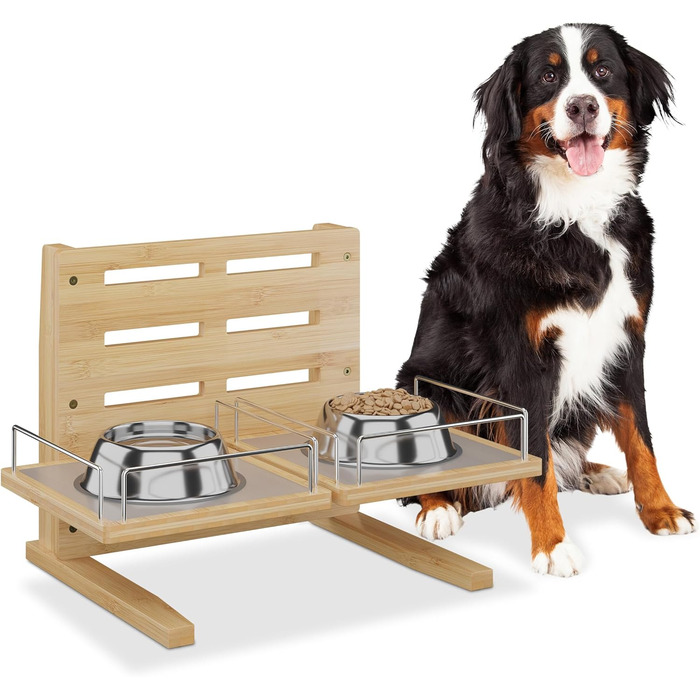 Станція для годування собак Relaxdays, регульована годівниця, HBT: 37x55x36 см, підставка для мисок з силіконовим килимком, бамбук, натуральний дизайн