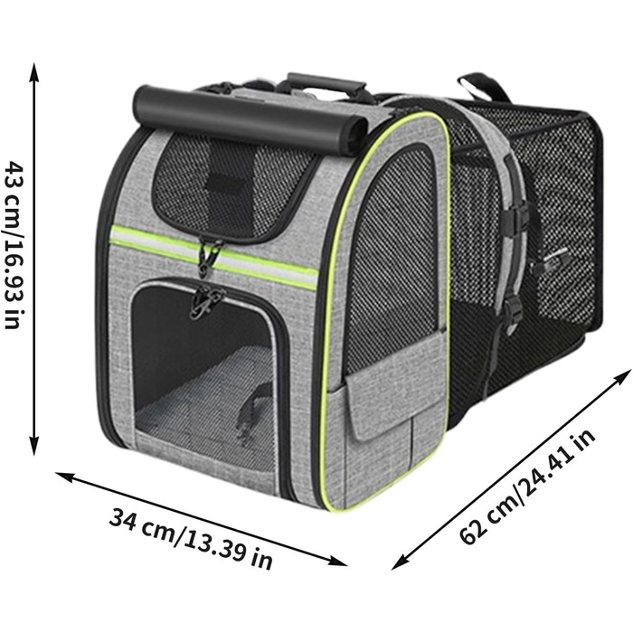 Рюкзак-переноска для котів з висувною мискою – зручна переноска для тварин, дихаюча, складна, для подорожей, прогулянок, транспортування (Сірий з зеленими вставками)