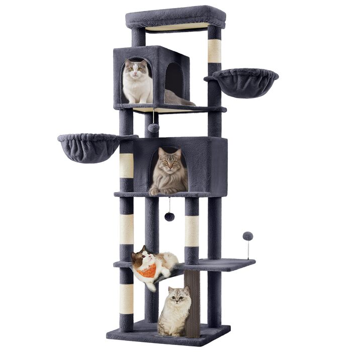 Feandrea Багатоповерховий котячий будиночок-кітч, 175 см, XL, з 2 печерами, 2 лежаками, 5 стовпчиками для шліфування, щіткою для котів, великою платформою, PCT182G02 (XXL, темно-сірий)