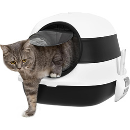 Туалет для котів PawHut з кришкою, складаний, біло-чорний, з дезодорантом, ґратами та лопаткою, просторий 52x41x38 см
