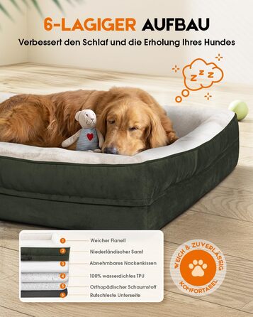 Ортопедичне ліжко для собак XL, корзина для собак, що стирається, з яєцевидною піною, вологостійкий диван для собак з неслизьким дном та чотиристоронньою подушкою (91x61x18 см, оливковий)