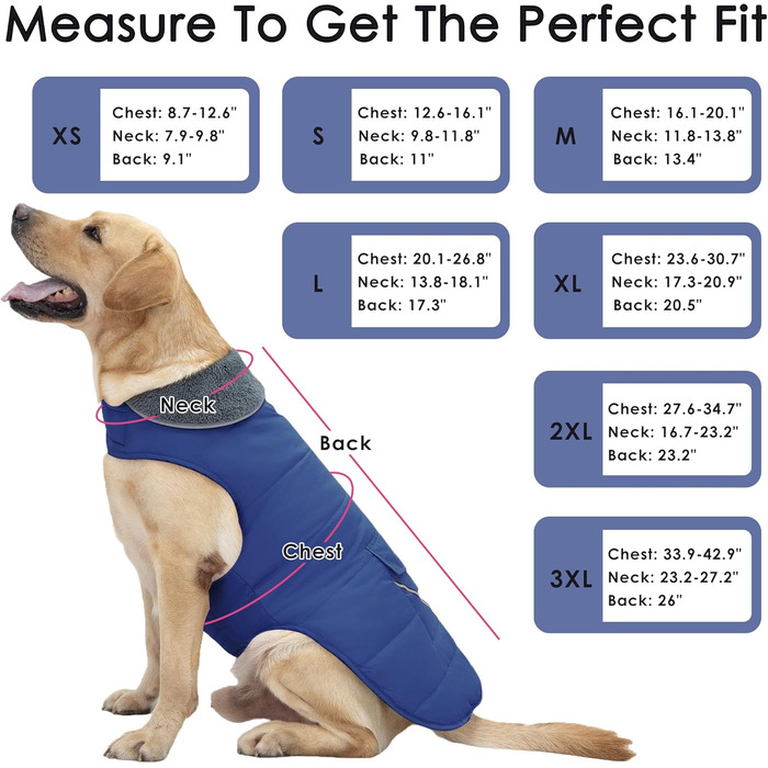 Зимовий теплий одяг для собак: куртка з кишенею та світловідбиваючими смугами, для цуценят та собак великих розмірів (3XL), блакитний