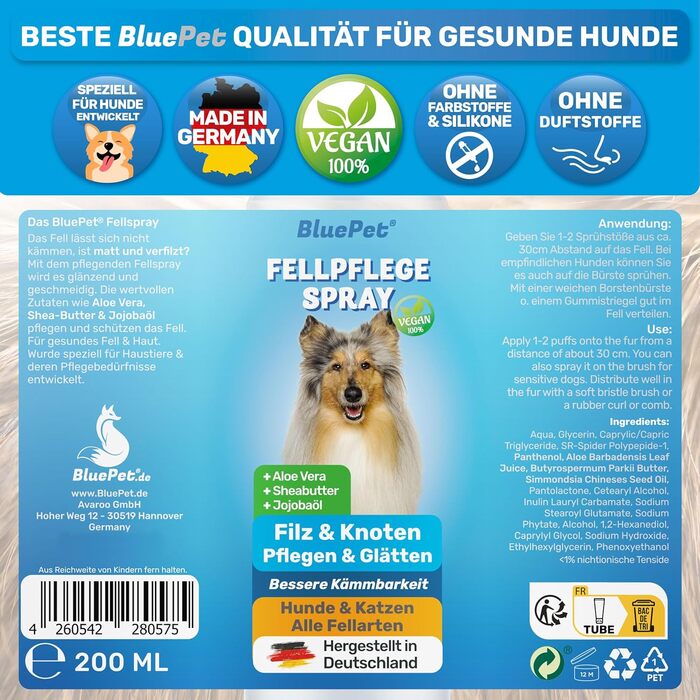 BluePet Щітка та спрей від ковтунів для собак та котів. Розплутує шерсть, покращує розчісування. Спрей від ковтунів, спрей для догляду за шерстю з алое вера, ши-олією та олією жожоби. Щітка для підшерстя.