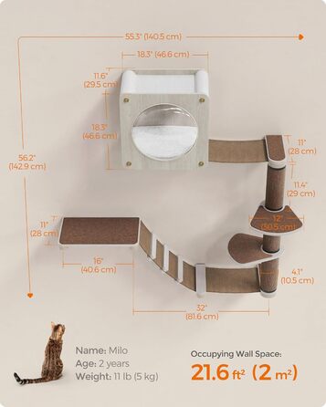 Feandrea Clickat Collection - Драбина-подряпування для котів, 100 см, товста, настінна, з 2 стійками, діаметр 10,4 см, швидка збірка, розширювана, (XXL набір меблів для котів на стіні)