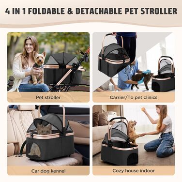 Трансформер для котів та собак Gimars до 20 кг, чорний: візок-переноска, 4-в-1, з гальмом, регульована ручка, дощовик