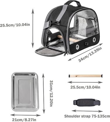 Транспортна сумка для папуг, переносна сумка для птахів з підставкою та підносом з нержавіючої сталі, легкий рюкзак для папуги, складана переносна коробка для птахів, переносна сумка для маленьких птахів, для папуг (чорна)
