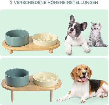 Набір керамічних мисок для собак та котів SpunkyJunky: миска проти запобігання ковтання + підставка з бамбука (Бежевий + Темно-зелений), Ø15.5 см