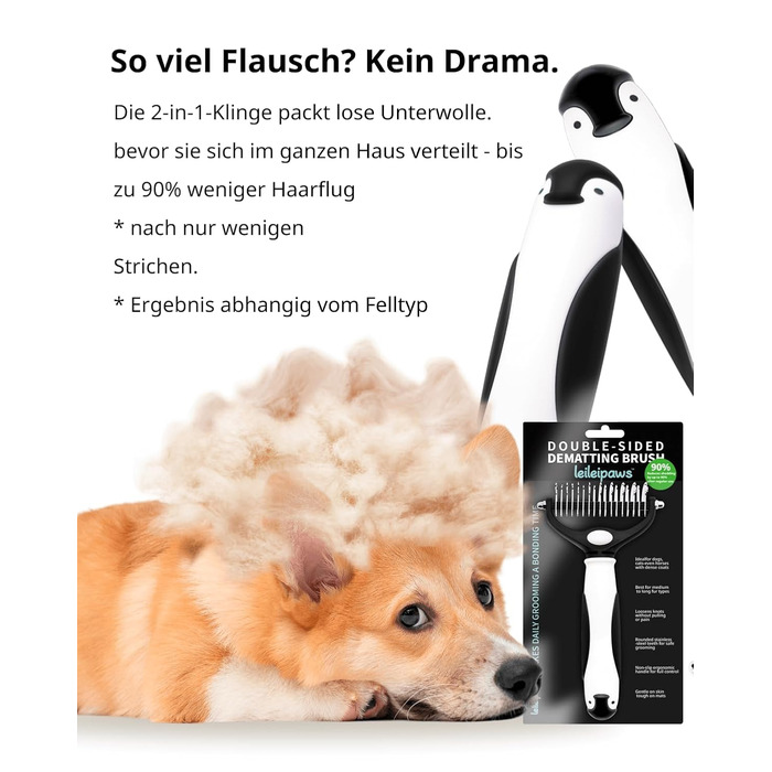 Щітка для собак та котів - двостороння щітка для видалення підшерстка та вичісування, 17/9 зубців, ручка Pinguin, для довгої та короткої шерсті, м'який догляд за шерстю та видалення підшерстка