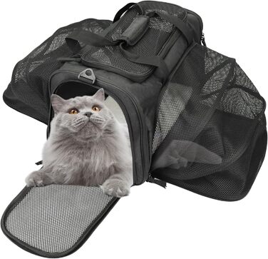 Транспортна сумка для котів та собак, переноска, дихаюча та легка, переноска для котів з регульованим плечовим ременем, знімна подушка (Чорний, XL)