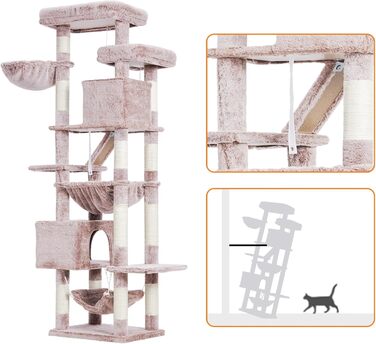 Кігтеточка-вежа для котів Heybly HCT034G, 180 см, коричнево-бежева: 2 платформи, 2 будиночки, гамак, кошик, когтешкреб
