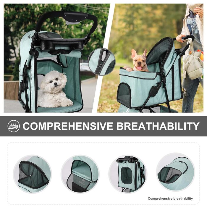 Дитяча коляска для тварин, складана, для котів/собак, з кошиком для зберігання та тримачем для напоїв, 3 колеса, для собак та котів, для маленьких або середніх собак, котів, цуценят (Блакитно-зелений)