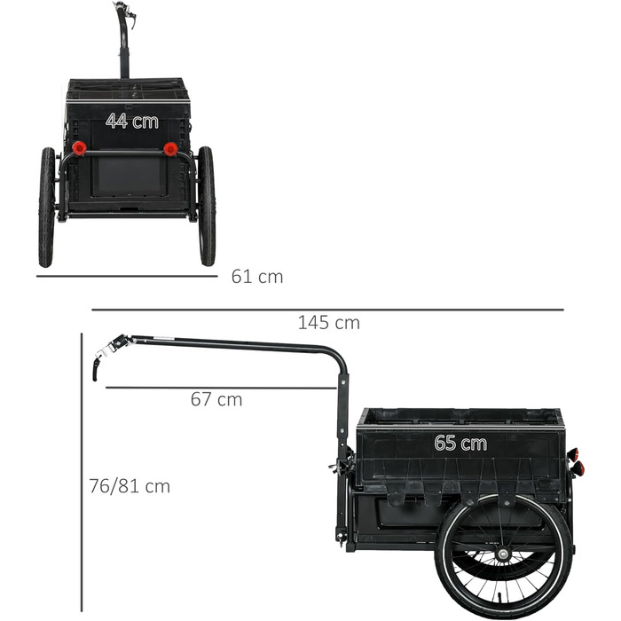 Причіп для велосипеда HOMCOM з ящиком, знімний та складаний, 65 л, колеса та світловідбивачі, максимальне навантаження 40 кг, чорний