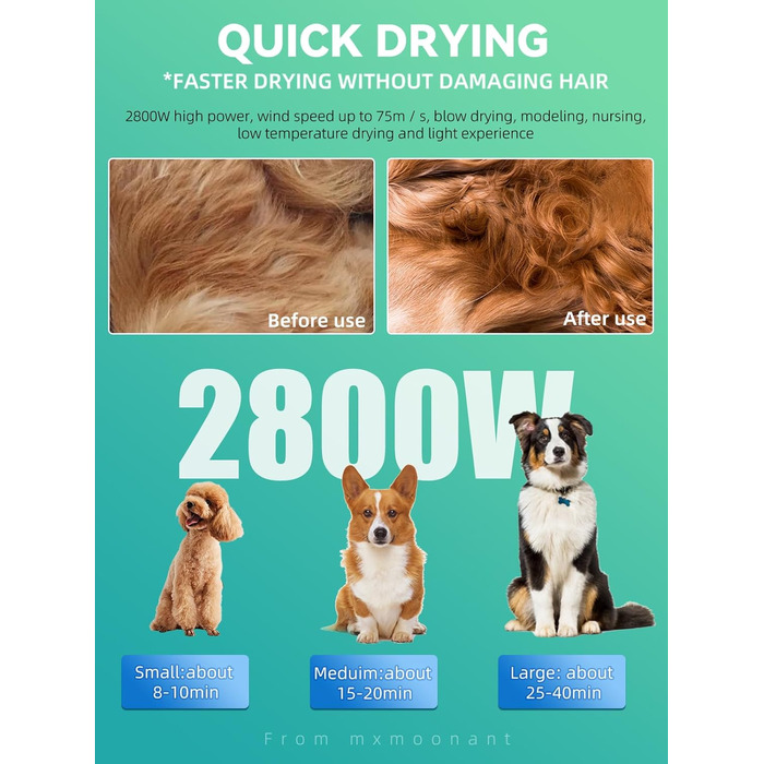 Фен для собак Mxmoonant 2800W з регулюванням потужності та температури, LED дисплеєм, контролем температури, іонізацією та набором насадок