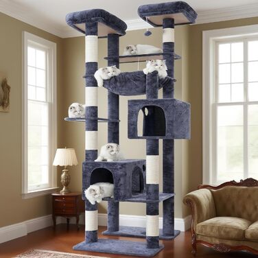 Комплекс для котів Hey-brother Hoher Kratzbaumturm: багатоярусний, з гамаком, печерами та іграшками, 203 см, сірий