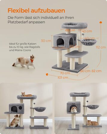 Драбина для котів Feandrea XXL: міцна, з 6 товстими стовпчиками, платформа, будиночок, кошик, сіра