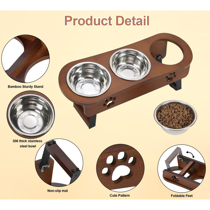 Підвищені годівниці для котів 3 шт. з регульованою висотою, з підставкою, з нержавіючої сталі, для води та корму, для котів та маленьких собак, коричневі