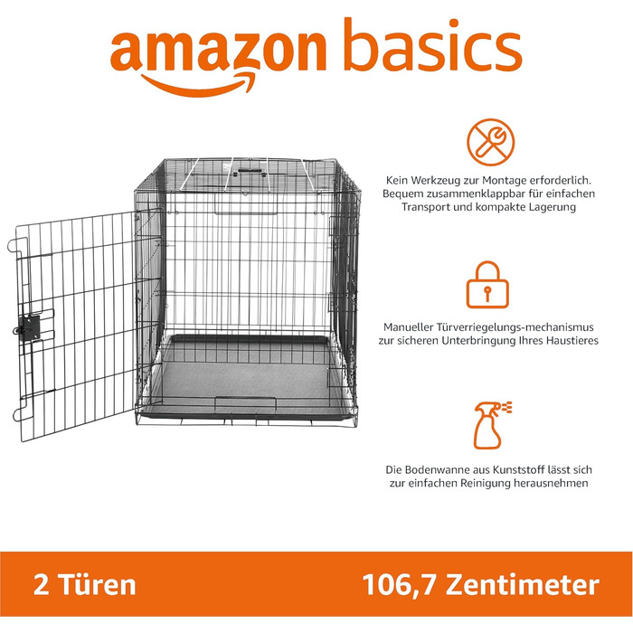 Складана металева клітка для собак Amazon Basics з подвійними дверима, піддоном, чорна, 107x71x76 см