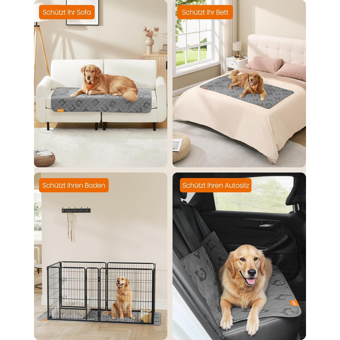 Водонепроникний плед для собак Feandrea, 135 x 76 см, захист для авто та дивану, машинного прання, антиковзаюча підкладка, стеганий дизайн, сірий (PPB024GD01 S)