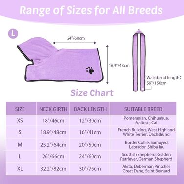 Рушник для собак з капюшоном, вбираючий, для сушіння після купання, для котів та собак усіх порід, L (блакитний) (фіолетовий L)