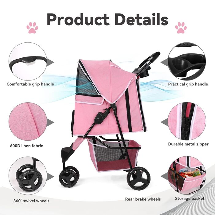 Візок для собак Wedyvko, 15 кг, рожевий, легкий, компактний, з аксесуарами, EVA-колеса