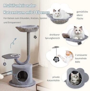Дерев'яний кігтеточки для котів Costway 106 см з будиночком та лежанками, 2 м'ячики, сірий