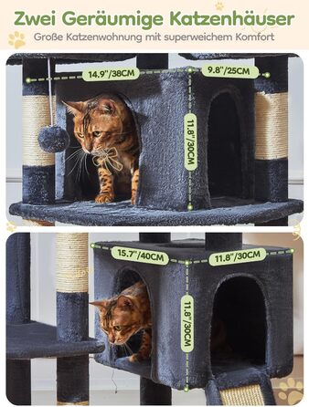 Котячий будиночок Taoqimiao 193 см XXL: великий, стабільний, з 2 будиночками, 7 стовпчиками для дряпання, гамаком та кошиком (MS047G, сірий)