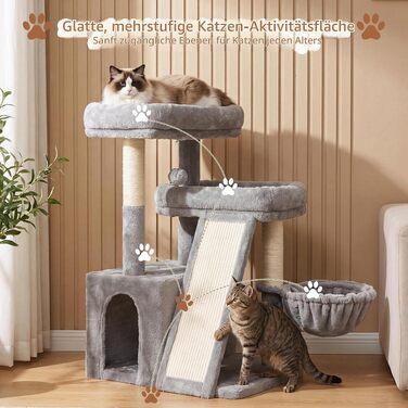 Дряпалка для котів Heybly HCT206SMJ (69 см) з двома лежаками та великою scratching-дошкою, світло-сіра