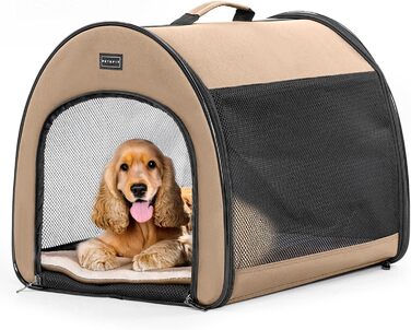 Складана переносна собача клітка Petsfit M, дихаюча, з вигнутим дизайном, антивідкривним замком і плюшевою подушкою, колір хакі, для дому