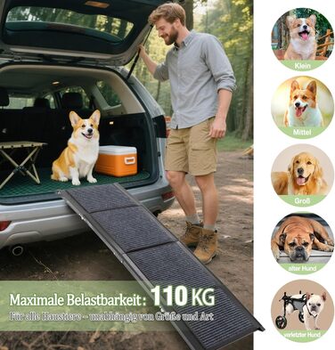 Східці для собак Hunderampe: розкладні, довгі, з антиковзким килимком, до 110 кг, для авто, SUV, позашляховиків, вантажівок, 170×44 см