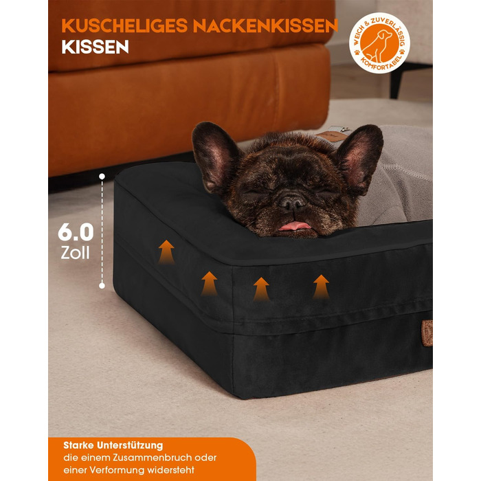 Ортопедичне ліжко для собак середніх порід, кошик для собак, що можна прати, з яйцеподібною піною, водовідштовхуване диванчик для собак з неслизьким дном та чотиристоронні подушки (Чорний, 61x46x15см)